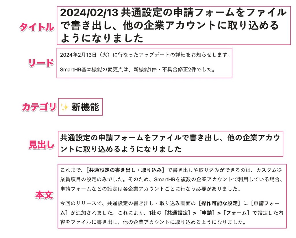 スクリーンショット:リリースノートの要素