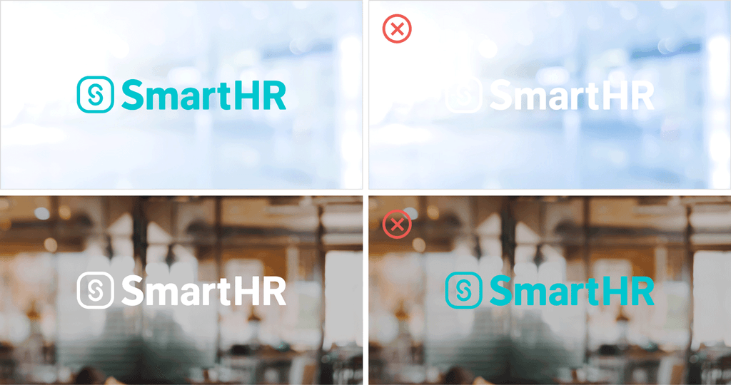 背景画像の明度が高い場合はSmartHR Blue、明度が低い場合はWhiteを使用している。視認性が悪い状態は不可としている。