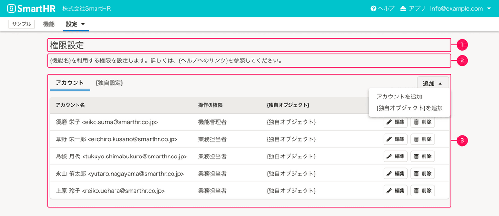 スクリーンショット：1〜3とグルーピングされた赤枠がスクリーンショット上に表示されている。タイトルが1、画面説明テキストが2、テーブルが3でグルーピングされている。3のタイトルは一覧（アカウントのみ）とは異なり、TabBarで表示されている。